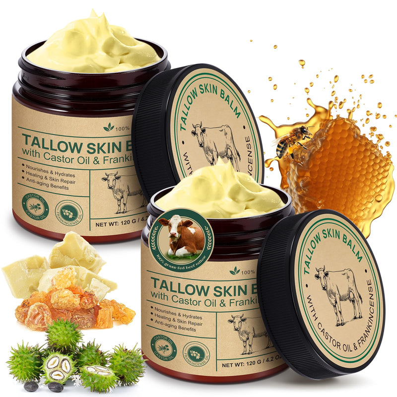 2 Pcak Beef Tallow Cream with Castor Oil and Frankincense, 100% Grass-Fed Tallow for Skin Care, Face & Body Moisturizer for Skin, Sensitive Skin & Dry Skin Age Defying, Eczema All-Purpose Balm Beef Tallow with Frankincense 2 Pack