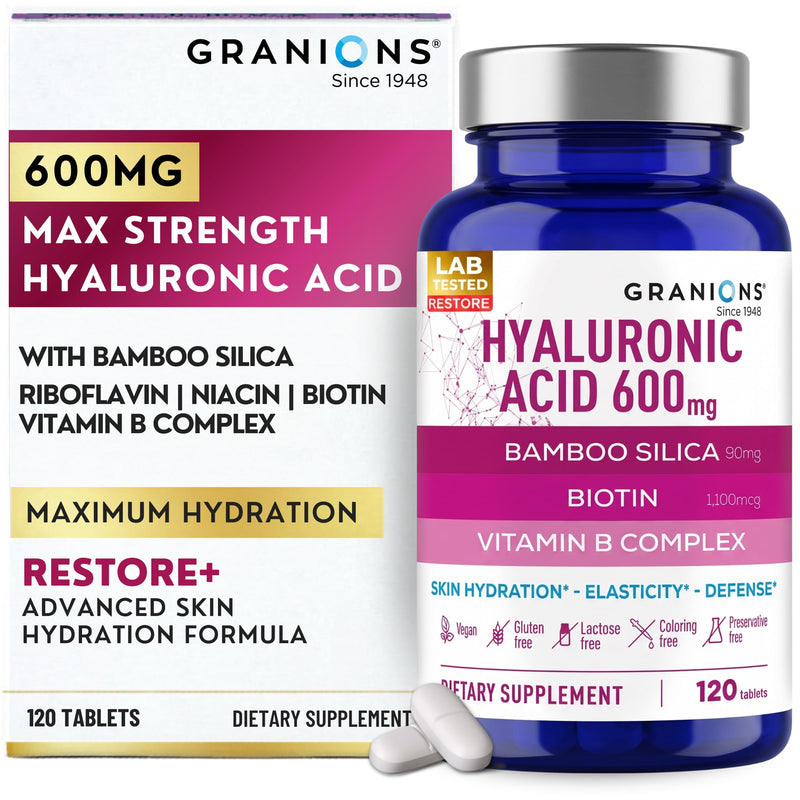 Granions Ultra Dosed Hyaluronic Acid Supplement 600mg - Intense Skin Hydration, Stimulates Collagen Production - Niacin, Biotin, Vitamin B Complex, Oral Hyaluronic Acid Supplements - 120 Vegan Tablets Hyaluronic Acid 600