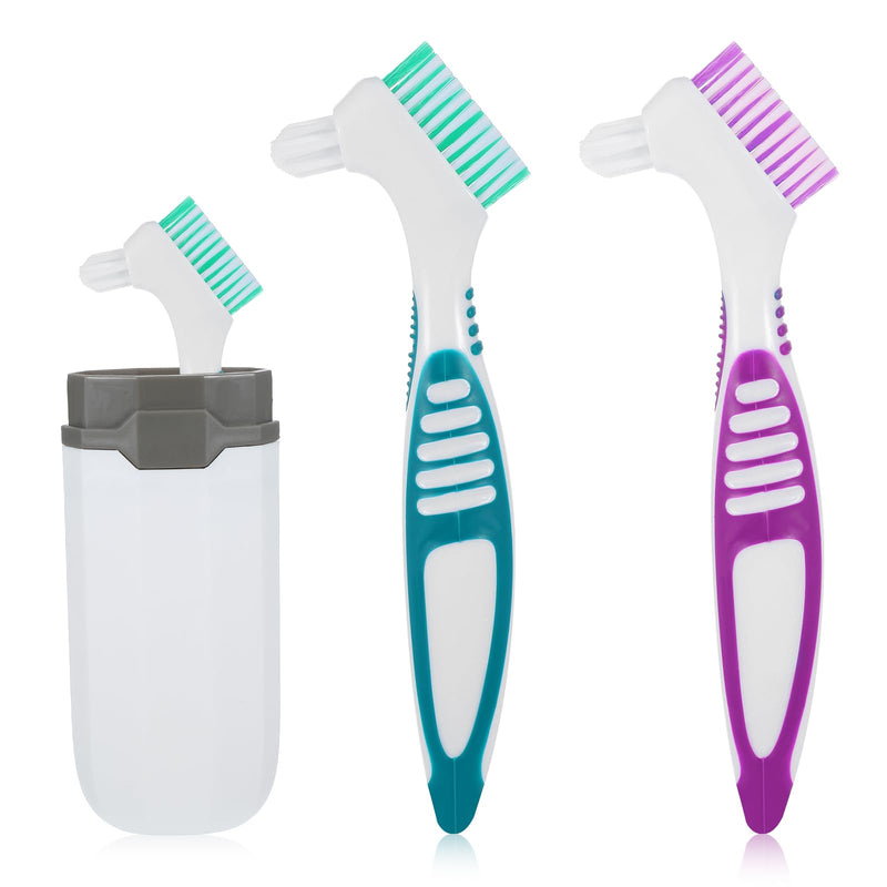 [Australia] - 2pcs Denture Toothbrush with Case,Denture Cleaning Brush,Multi-Layered Bristles Dental Brush,Ergonomic Rubber Handle for False Teeth Cleaning(Green,Purple) 
