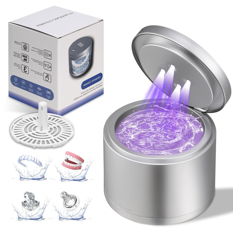 [Australia] - Ultrasonic Cleaner for Mouthguards, Retainers, Dentures Jewelry with UV Sanitizing, 45kHz 3-Cleaning-Mode Silver 