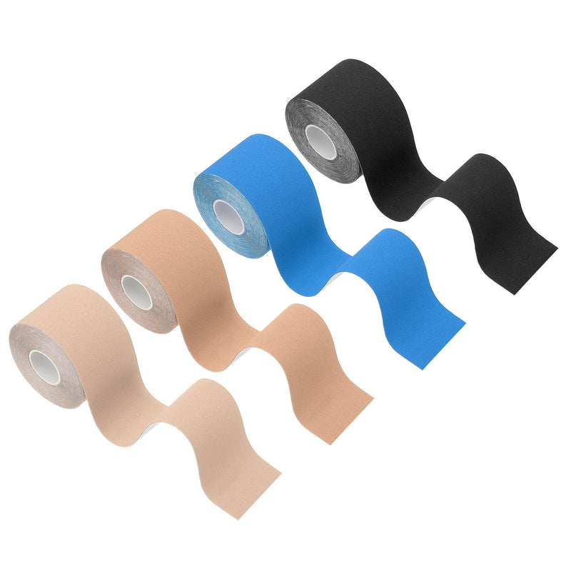 PATIKIL 5.5 Yard x 2 Inch Kinesiology Tape, 4 Roll Adhesive Cotton Sports Muscle Support Tapes Waterproof Elastic Tape for Knee Ankle Wrist Shoulder, Blue/Skin/Light Skin/Black