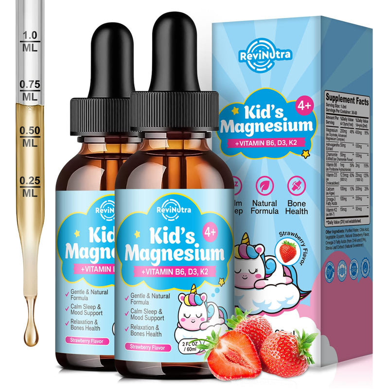 2 Pack Kids Magnesium Glycinate Liquid Drops with Omega-3, Ashwagandha, Vitamin B6, D3, K2, Calcium & Chamomile - Magnesium Drops for Kids Sleep, Calm, Focus, Brain & Mood - Strawberry Flavor 2 Fl Oz (Pack of 2)