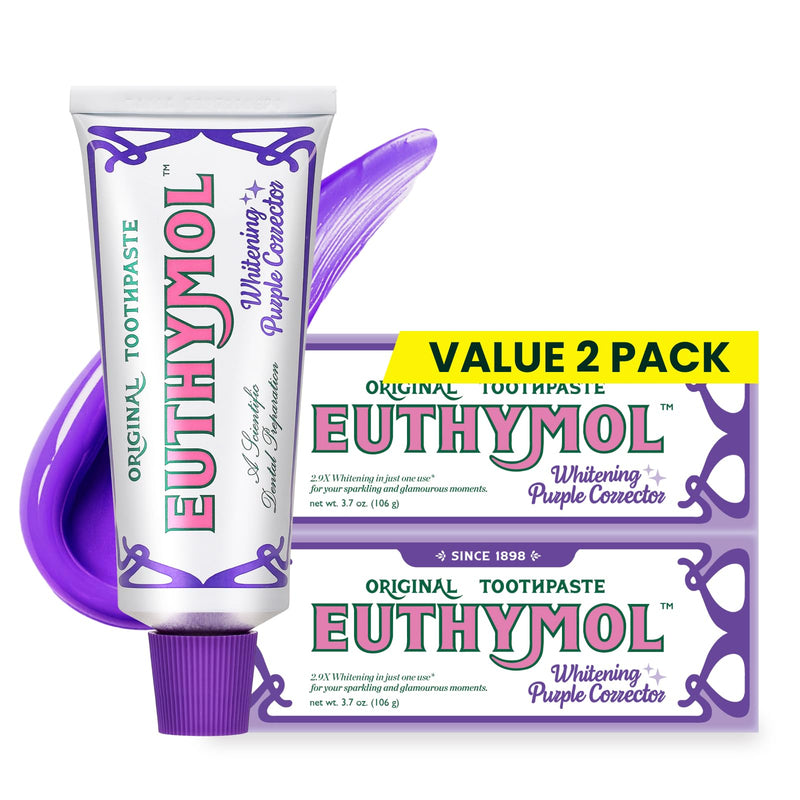 EUTHYMOL Purple Whitening Toothpaste, Instant Tone-up | 3.7 floz*2 (2 Pack) | Whitening Toothpaste for Yellow & Sensitive Teeth, Violet ToneUp, 24H Stain Defense, Long-Lasting Fresh Breath, Aluminum tube 3.7 Fl Oz (Pack of 2)