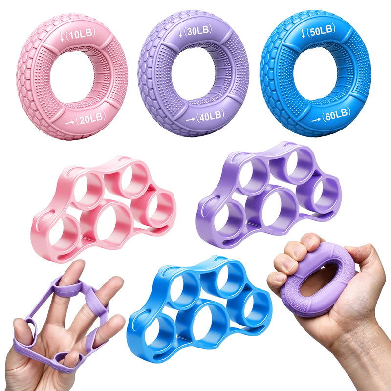 [Australia] - 6-Pack Grip Strength Trainer Kit, 3 Colors Forearm Strengthener & Hand Grip Strengthener, Finger Exerciser & Stretcher for Strength Training, Recovery & Flexibility 