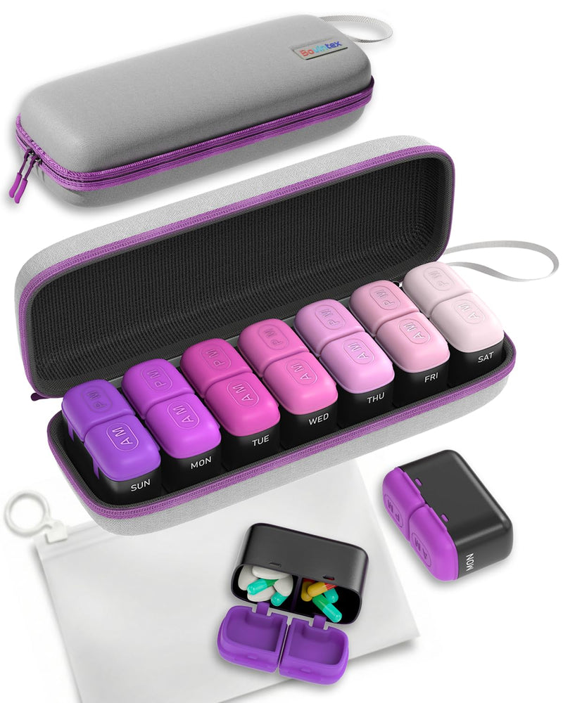 Weekly Pill Organizer 2 Times a Day, 7 Day Travel Medicine Pill Organizer with Moisture-Proof Silicone Lid, AM PM Daily Pill Box for Vitamins & Supplements, Aesthetics Pill Case(Purple) Purple