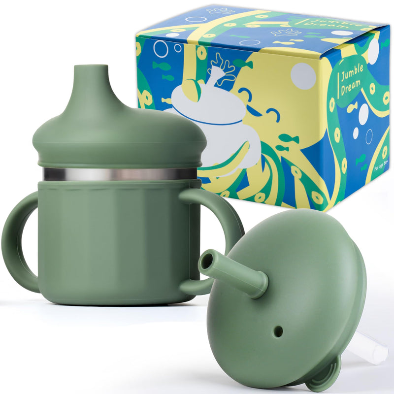 [Australia] - Jumble Dream Baby & Toddler Stainless Steel Sippy Cup Silicon Training Stainless Steel Kids Cups with Straw, Babies Tumbler with Straw No Spill | 6-24 Month Toddler Sippy Cup (Sage Breeze) Sage Breeze 