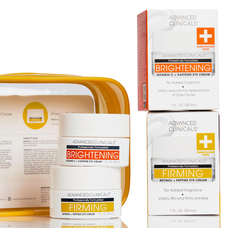 Advanced Clinicals Anti Aging Retinol Eye Cream + Brightening Vitamin C Under Eye Cream AM + PM 2pc Treatment Routine Skin Care Travel Kit Set Eye Cream AM/PM 2PC Set 2 Piece Set