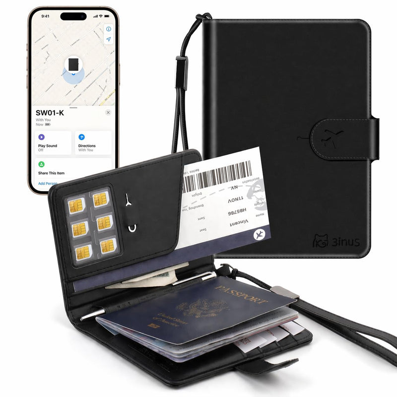 Passport Holder for Travel with Apple Find My,Waterproof RFID Blocking Passport Cover with 4 Card Slots, Wireless Charging, Magnetic Closure, Black