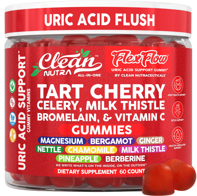 Clean Nutra Tart Cherry Gummies Uric Acid Flush Celery Milk Thistle Bromelain Vitamin C Magnesium Citrus Bergamot Ginger Stinging Nettle Leaf Chamomile Berberine Quercetin Support 60 Gummy Vitamins