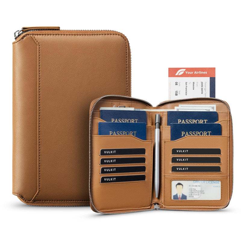 VULKIT Leather Passport Holder for 4-8 Passports Family RFID Blocking Passport Wallet with Zipper Travel Documents Organizer for Men or Women (Brown) Brown