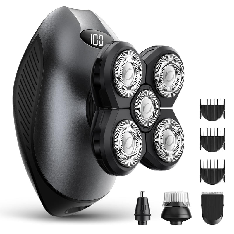 [Australia] - Head Shavers for Bald Men, 5-in-1 Electric Razor for Men with IPX7 Waterproof, 5D Rotary Shaver, Wet Dry Bald Head Shavers Grooming Kit, LED Display Rechargeable Body Hair Trimmer for Home & Travel 