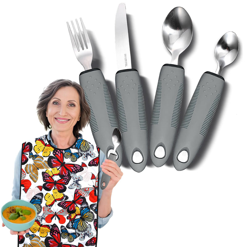 [Australia] - Adaptive Utensils with Adult Bib - 4pcs Weighted Utensils Set (2.5oz Each) for Hand Tremors, Elderly, Parkinson's, Arthritis - Non-Slip Easy Grip Handles for Independent Eating Gray 4 utensils + 1 bib butterfly 