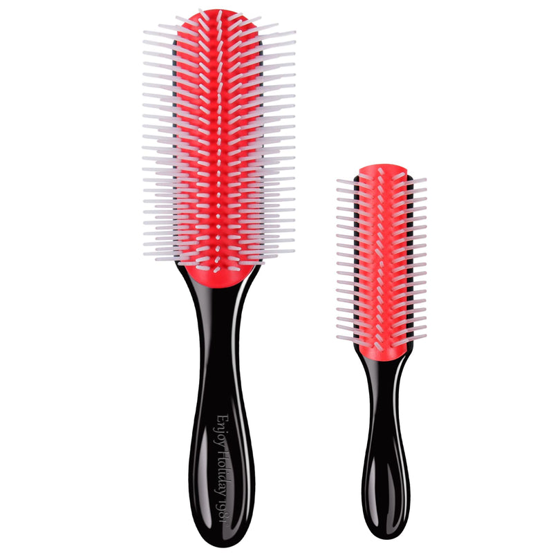 2 PCS Hair Brush for Women Men Curly Wet or Dry Hair 9 Row 5 Row Classic Styling Brushes for Natural Thick Hair, Blow Separating, Shaping Defining Detangling Curls Tools Travel Bristle Black Hairbrush Red 9 Row &5 Row