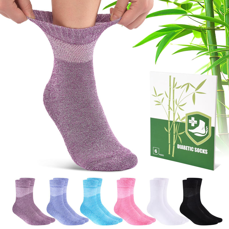 [Australia] - Bamboo Viscose Diabetic Socks for Women, 6 Pairs Non Binding Wide Top, Seamless Loose Cushion Socks for Swollen Feet Large Multicolor 