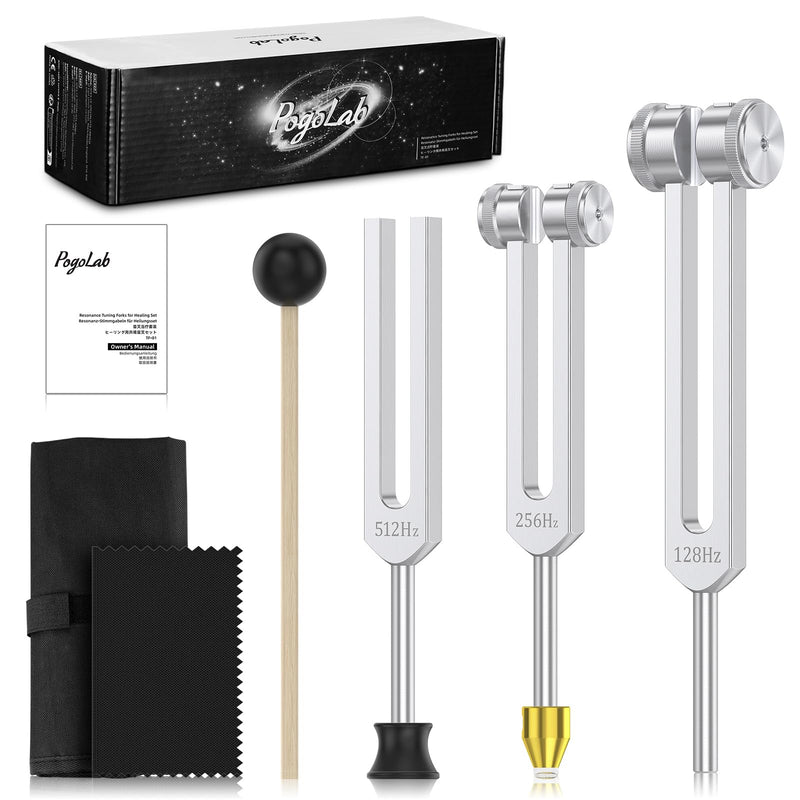 [Australia] - Tuning Forks for Healing Set (128Hz, 256Hz, 512Hz), with Percussion Hammer Mallet, Crystal Base & Storage Pouch, Sound Therapy Instrument for Chakra/Yoga/Meditation 