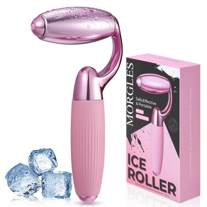 MORGLES Ice Roller for Face, Professional Face Roller Cryotherapy Tool to Reduce Puffiness, Redness & Headaches, Tighten Skin and Improve Lymphatic Drainage with Ergonomic Handle (Pink)