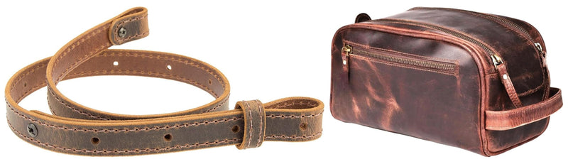 Leather Rifle Gun Sling Vintage Brown Crazy Horse/Hand Stitched 1" Wide w/th WWII Style Leather Toiletry Bag Travel Vintage Dopp Kit