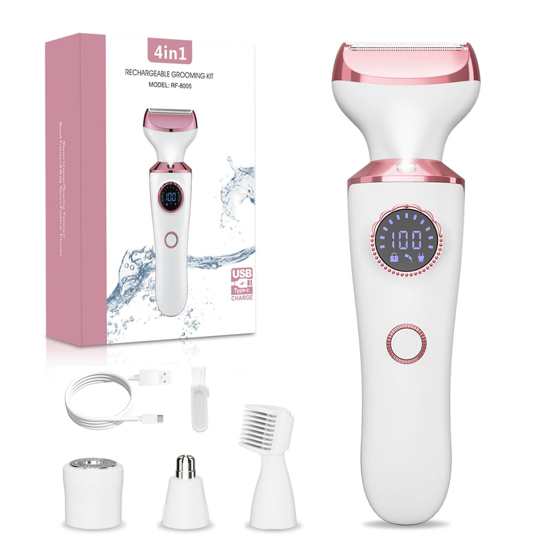 [Australia] - Electric Razor for Women, 4-in-1 Bikini Trimmer & Body Shaver for Face, Legs, Underarms, Pubic Hair, Rechargeable Wet/Dry Painless Hair Removal with LED Light & Travel Lock 