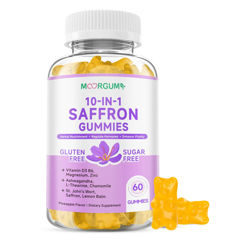 Saffron Gummies for Adult Kids, 10-IN-1 Cortisol Support Supplement with Saffron 88.5mg, Vitamin D3, B6, Magnesium, Zinc, Ashwagandha, L-Theanine, St. John's Wort, For Emotions, Slumber, 60 Count 60 Count (Pack of 1)