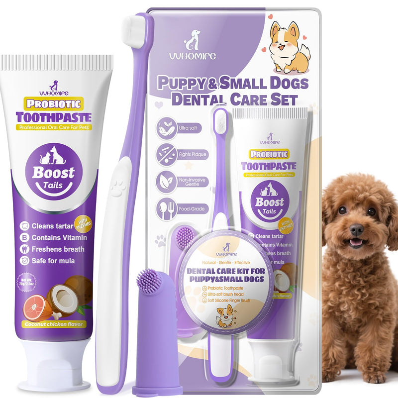 Vet Recommended Small Dog Teeth Brushing Kit - Soft Brush and Finger Brush removes 99% of Plaque, Natural Coconut Chicken-Flavored Toothpaste 2.5 oz. for Fresh Breath 2.5oz-Coconut Chicken