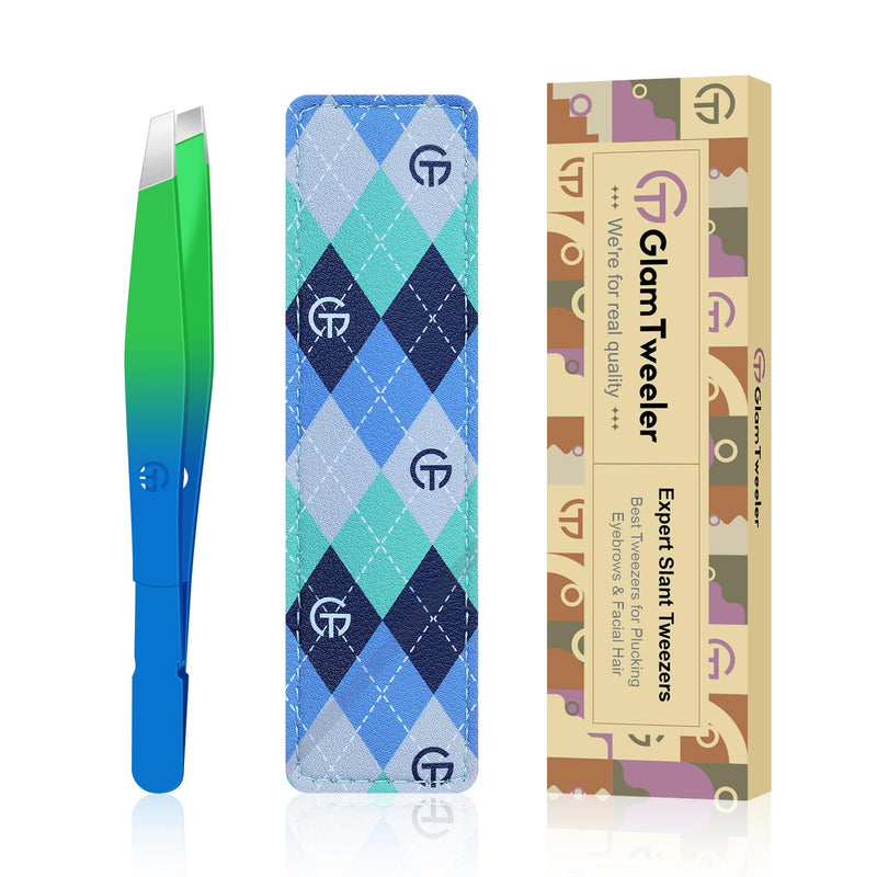 Exclusive G-01 Slant Tip Tweezers, GlamTweeler High Precison Expert Eyebrow and Facial Hair Removal Tweezer with Leather Storage & Carrying Case (Princess Blue & Green) Princess Blue & Green