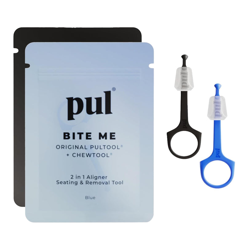 PUL Pack of 2 Reusable 2-in-1 Aligner Seating Chewie & Removal Tool — Compatible with Invisalign, Removable Braces, Retainers, Trays – Easy-to-Use Remover & Chew, Dental & Oral Hygiene – Blue, Black Blue + Black
