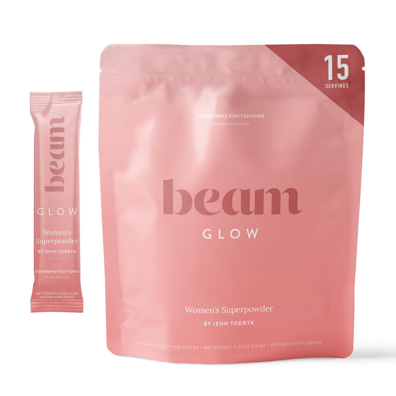 [Australia] - Beam Glow, Hormone Balance for Women, Thyroid Support for Women, Natural Hormone Support Powder with Selenium and Bromelain, PMS Relief, Energy, Hair Skin & Nails, Vegan, No Sugar, 15 Servings Strawberry Kiwi 3.2 Ounce (Pack of 1) 