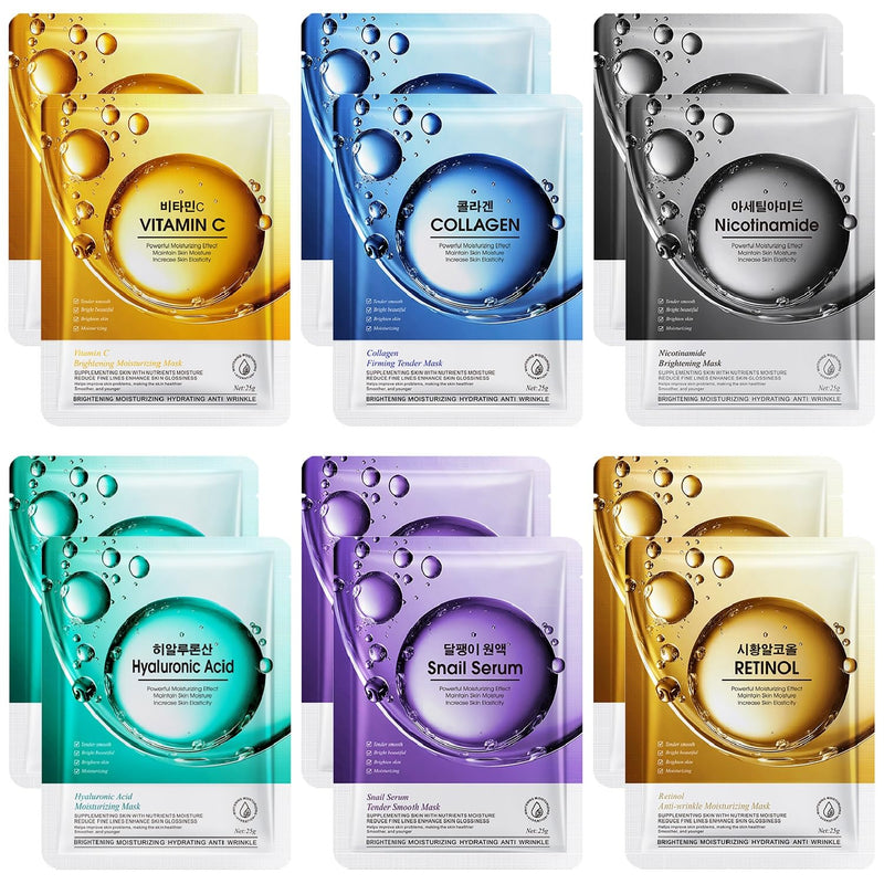 12 Pack Sheet Face Masks Skincare, Mothers Day Gifts, Collagen Face Mask Hyaluronic Acid Hydrating Face Sheet Masks, Vitamin C Face Masks for All Skin Types, Moisturizing, Brightening, Anti-Aging 11 Count (Pack of 1)