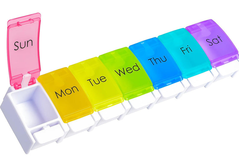 Weekly Pill Organizer – 7 Day Pill Box with Removable Compartments for Vitamins, Medications, Supplements (Multicolor) Multicolor