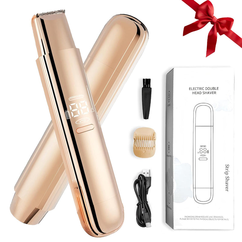 Bikini Trimmer for Women, 2 in 1 Dual-Head Electric Razors for Women Pubic Hair, Wet/Dry Use Body Hair Trimmer and Face Shaver with Display, Rechargeable Hair Removal for Bikini Legs Face Underarm Arm Gold