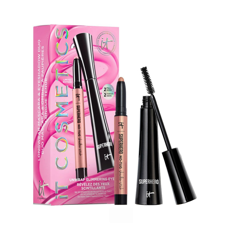 [Australia] - IT Cosmetics Unwrap Glimmering Eyes Mascara & Eyeshadow Stick Makeup Set , 2-Pc Holiday Giftset for Her - Full Size Makeup - Superhero Waterproof Cream Eye Shadow & Volumizing Lengthening Mascara 