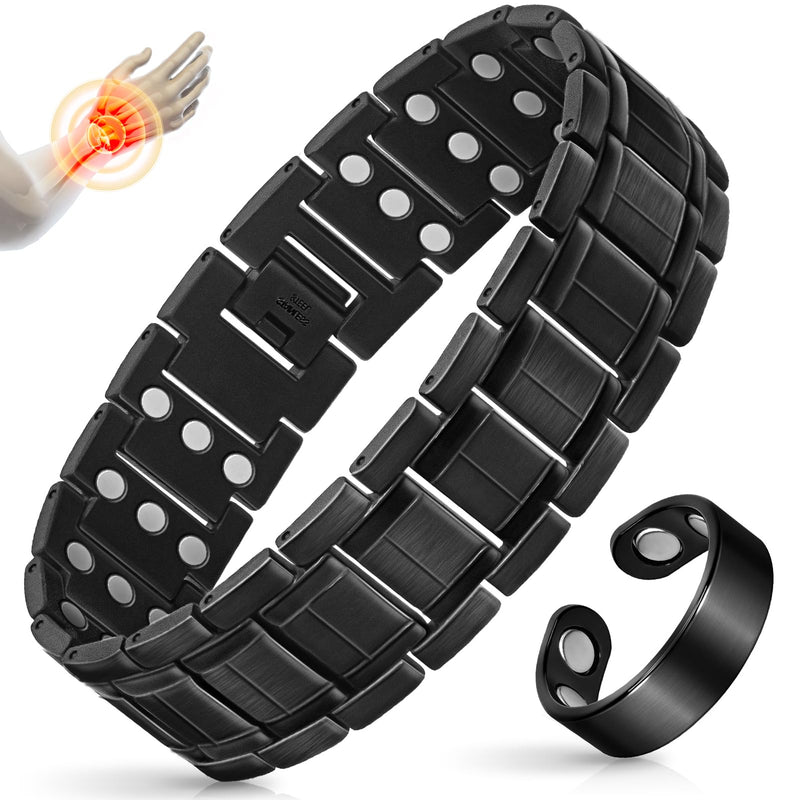 [Australia] - Mahnco Copper Bracelet for Men with Triple-Row Strong Magnets Magnetic Bracelets & Lymphatic Drainage Ring Set with Adjustable Sizing Tool, Magnetic Jewelry Gift (Black) Black-3X 