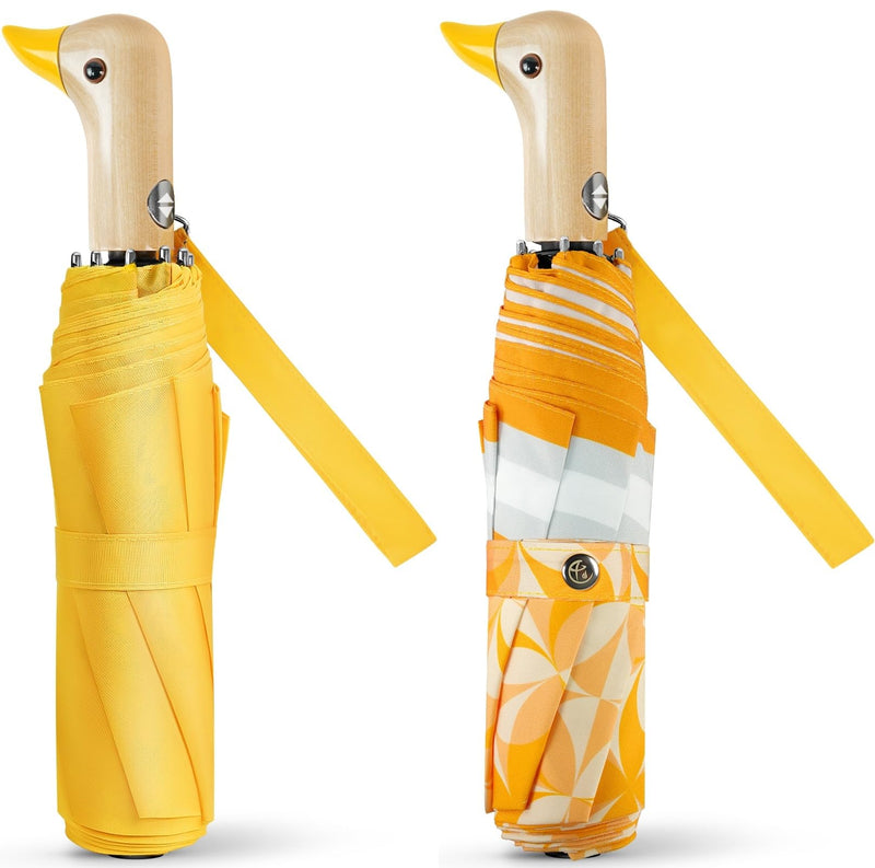 Cute Duck Umbrella Automatic - Compact Pretty Pocket Size Strong Duck Collapsible Umbrella Yellow Wooden Handle for Kids