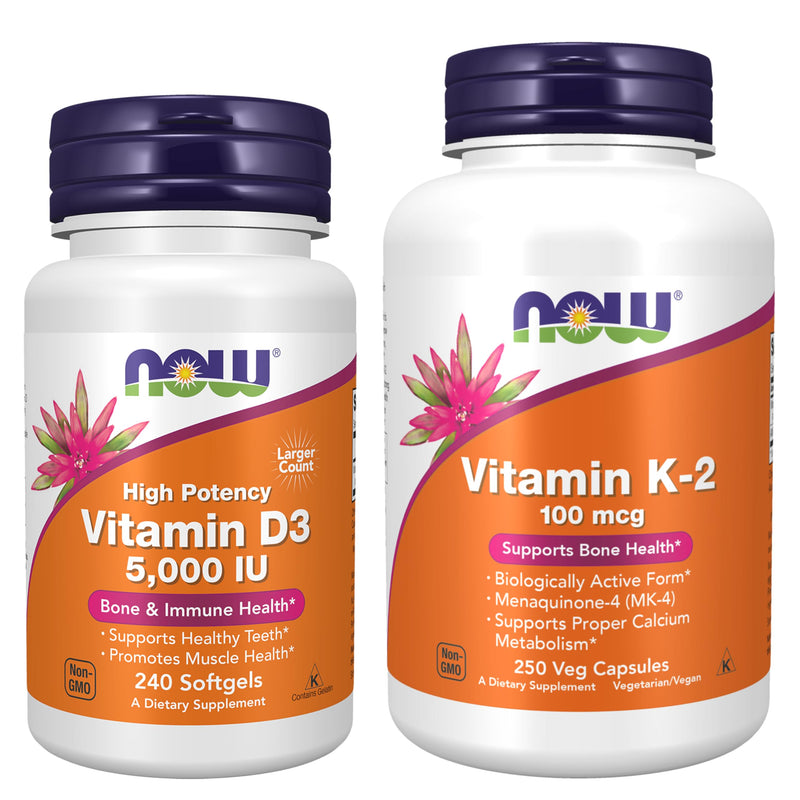 NOW Foods Vitamin D-3 & + VIT K-2 Menaquinone-4 (MK-4) Supplements Bundle | Vitamin D3 5,000 IU 240 Softgels + Vitamin K2 Menaquinone-4 (MK-4), 100 mcg 250 Capsules - High Potency, Structural Support* Vitamin D3 & K-2 490 Count (Pack of 2)