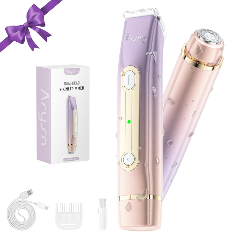 Bikini Trimmer for Women, 2 in 1 Dual Head Rechargeable Electric Shaver, Painless Pubic Hair Trimmer for Underarm Leg Arm Body Face– IPX7 Waterproof & Travel-Friendly, ElegantPurple