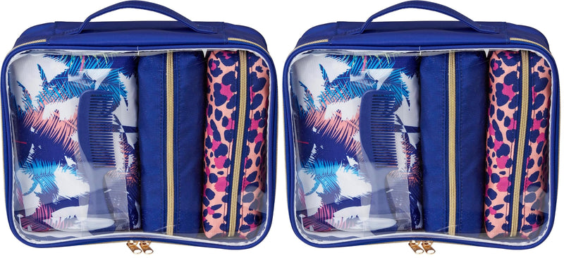 Conair 5 Piece Toiletry and Cosmetic Bag Set Under $30, Includes 4 Makeup Bags and 1 Travel Comb in Blue Palm Prints (Pack of 2) 1 Count (Pack of 2)