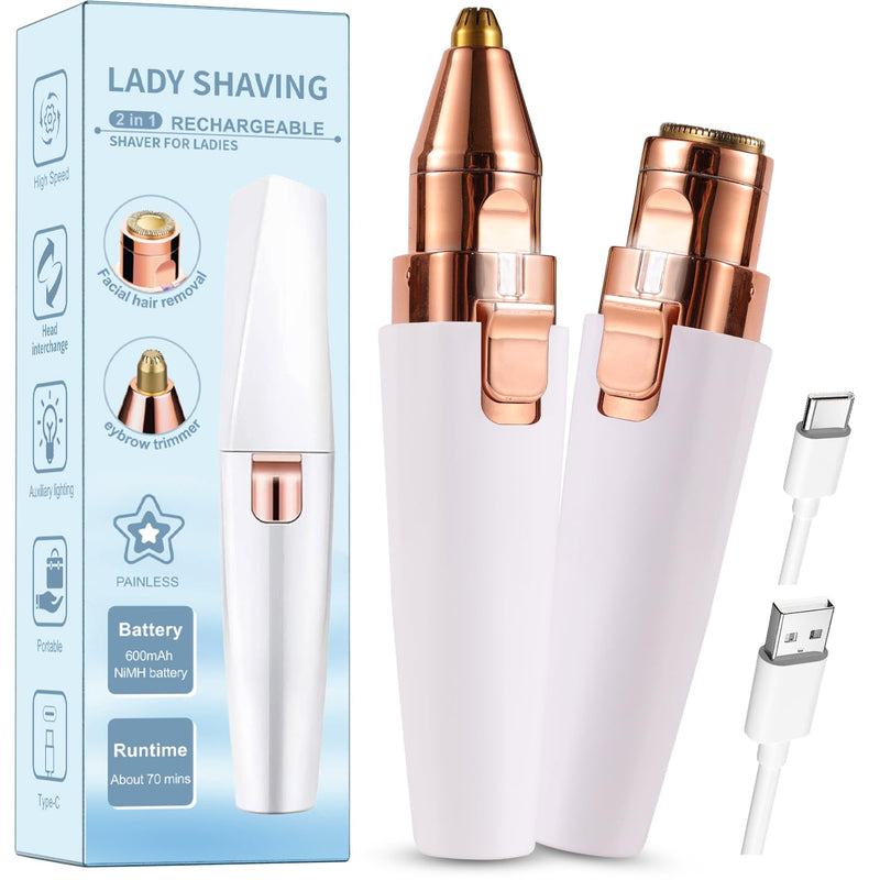 [Australia] - Facial Hair Removal for Women,2 in 1 Electric Hair Removal Device for Chin Upper Lip Peach Fuzz & Rechargeable Eyebrow Trimmer with LED Light for Precise Shaping 