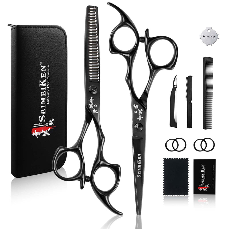 6.0 Inch Black Professional Hair Cutting Scissors and Thinning Shears Kit - 6” SUS440A Stainless Steel Hair Shears, Barber Scissors - Hair Cutting Kit for Salon & Home Use