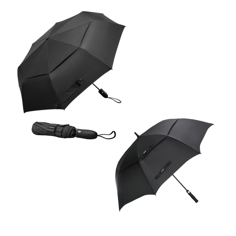 G4Free 62" Automatic Open Golf Umbrella + 46" Automatic Windproof Travel Umbrella, Double Canopy, Black