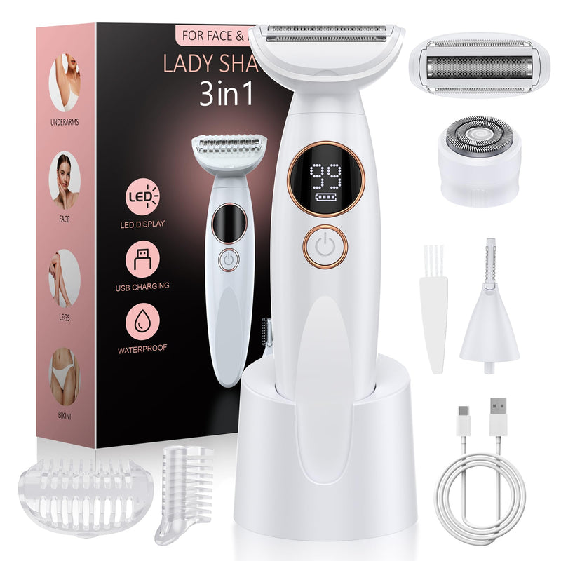 3 in 1 Bikini Trimmer for Women, Electric Razors for Women with Display, Painless Bikini Trimmer, USB Dock Charging, Electric Shaver for Woman,Shaver for Woman for Face, Body&Intimate,IPX7 Waterproof