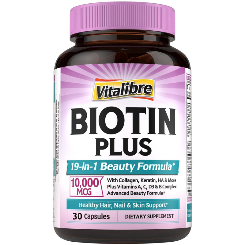 Vitalibre Biotin 10000mcg, Vitamin B7, Hydrolyzed Keratin, Hyaluronic Acid, Collagen, Amino Acids, MSM, Vitamins A, C, D3, B Complex, Hair, Nail, Skin, for Men and Women, 30 Caps 30 Count (Pack of 1)