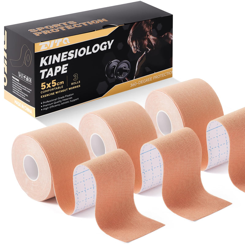 [Australia] - Kinesiology Tape (3 Rolls) - Acrylic Adhesive Muscle Tape - Waterproof, Breathable, Hypoallergenic - Ideal for Muscle Support & Injury Recovery - 2 Inches x 16 Feet (Beige) Beige 