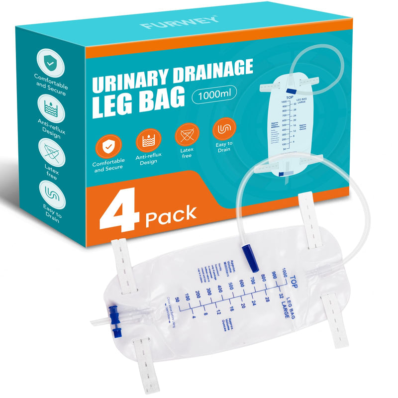 [Australia] - 4 Pack 1000ml Catheter Bags with 18‚Äù Drainage Tube,Anti Reflux Valve,Large Capacity Urine Leg Catheter with Two Latex-Free Straps, Easy Flip Drain, Urinary Catheter for Men, Women 4 PACK 
