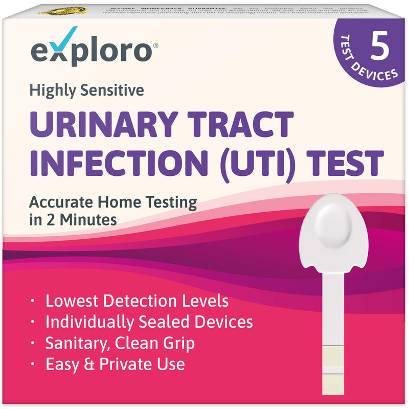 Exploro UTI Test Strips, Rapid Urinary Tract Infection Kit, 5 Pack | Detects Leukocytes and Nitrites at Home, Results for Women in 2 Minutes, Individually Sealed, Easy Color Chart Readout