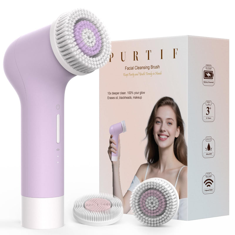 Electric Facial Cleansing Brush - Rechargeable Silicone Face Scrubber exfoliator,Face Pore Cleansing Brush,3 Speeds,Waterproof, Exfoliating & Massage,for Women & Men.for Face Skin Issues,Purple