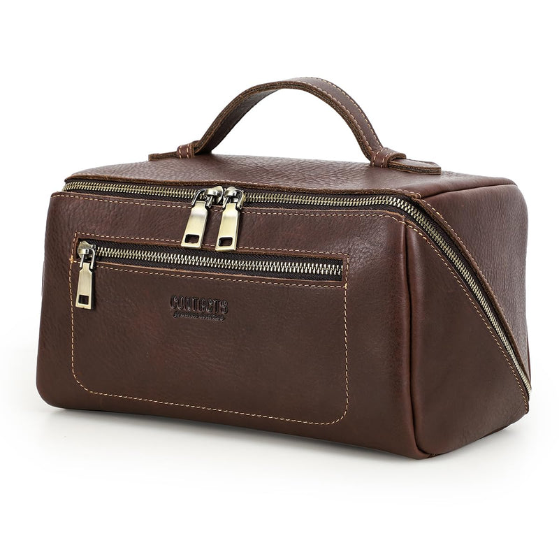 CONTACTS Full Grain Leather Travel Toiletry Bag for Men Large Wash Bag with Handle Bathroom Shaving Dopp Kit Toiletries Organizer Vintage Cosmetic Bag Red Brown