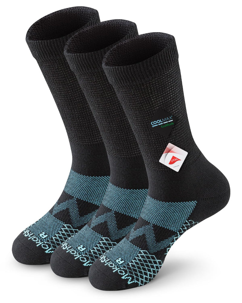 [Australia] - Diabetic Crew Socks for Men Women, COOLMAX LYCRA Moisture-Wicking Non-Binding Socks Neuropathy Sock, 3 Pairs Large Black 