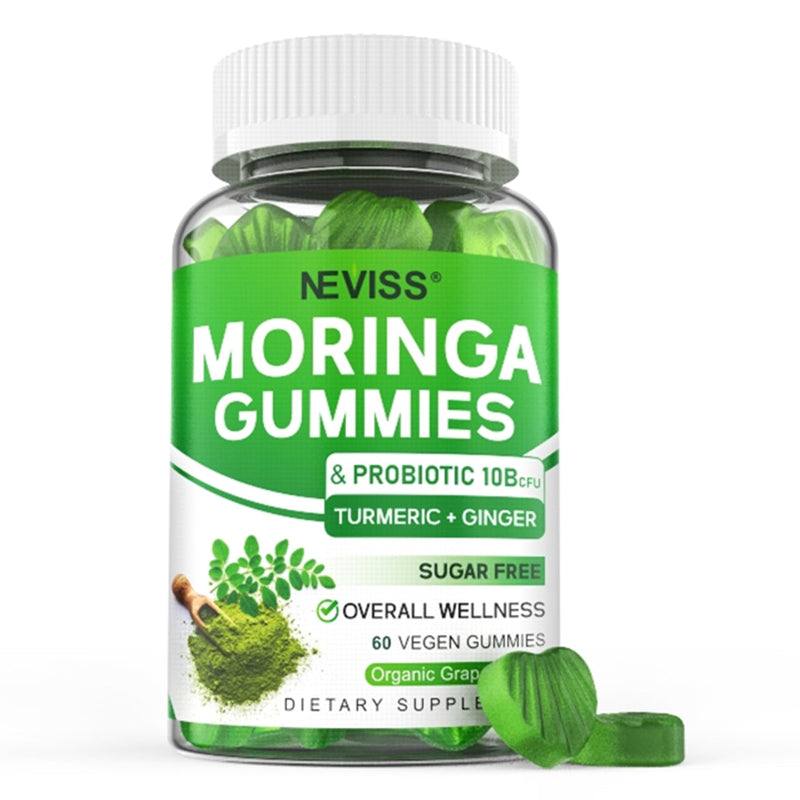 Moringa Gummies for Women Men w/Probiotic Turmeric Ceylon Cinnamon, 60ct | Organic Pure Moringa Leaf Gummy Supplement w/ 10 Billion CFU Probiotics & Ginger for Gut & Immune Support - Vegan, Sugar Free