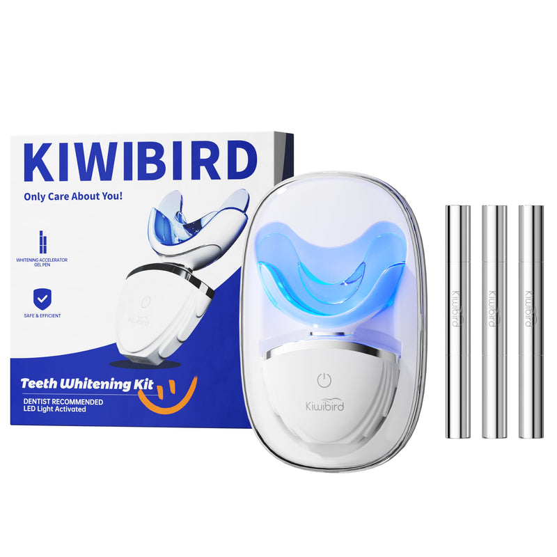 [Australia] - KIWIBIRD Teeth Whitening Kit for Sensitive Teeth – 3 Gel Pens, LED Light with Wireless Charging Case, IPX7 Waterproof, Enamel-Safe at-Home Dental Care Tool 