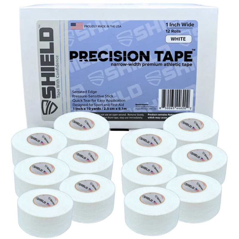 [Australia] - SHIELD 1 Inch Athletic Tape – Precision Tape 12 Pack – Strong Cotton, Easy Tear, No Residue – Made in USA – Rigid Sports Wrap for Fingers, Thumbs, Toes, First Aid, Training 
